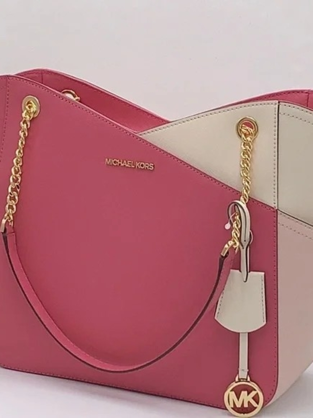 MICHAEL KORS Pink and Cream Leather Shoulder Tote with Gold Hardware